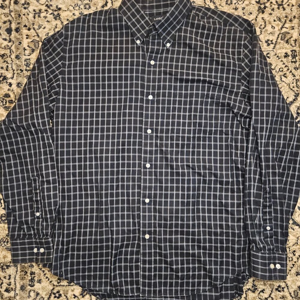 Lands End Checkered Button Down Shirt Navy White Mens L Business Casual Preppy
